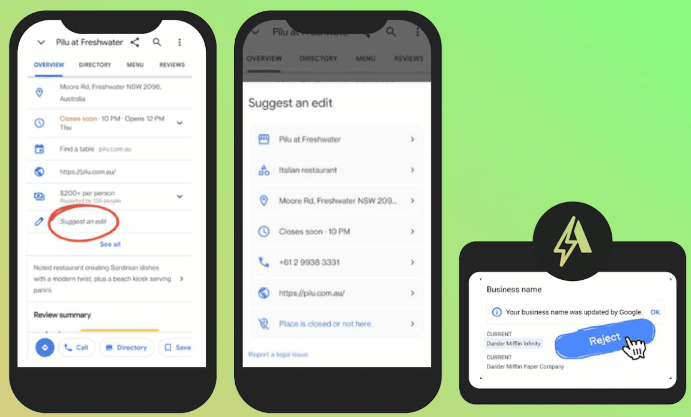 Three phone screens showing a restaurant's Google profile and business name update prompt.